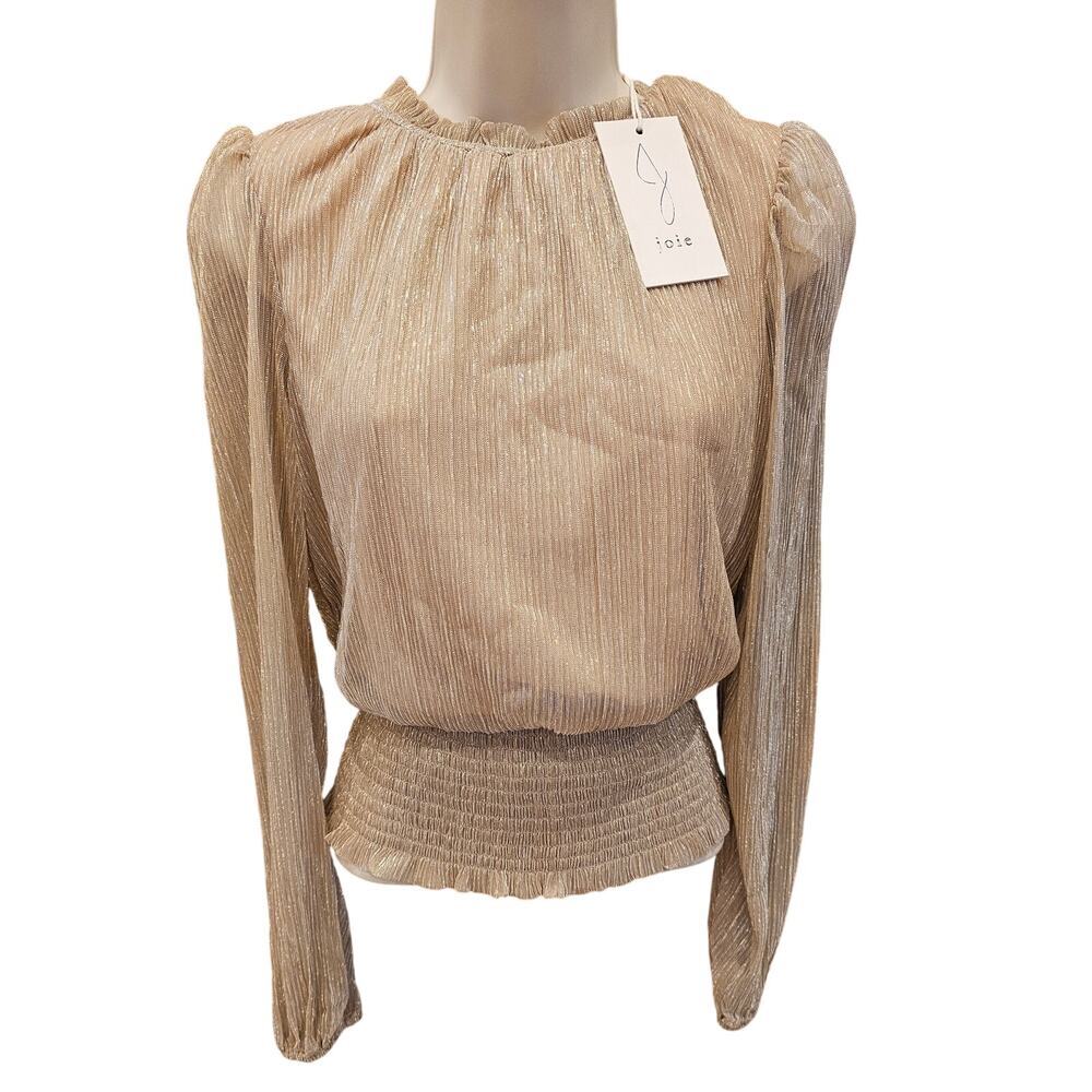 NWT Joie sheer chiffon arms Gold Blush Pink Long Sleeve Smocked Blouse party XS